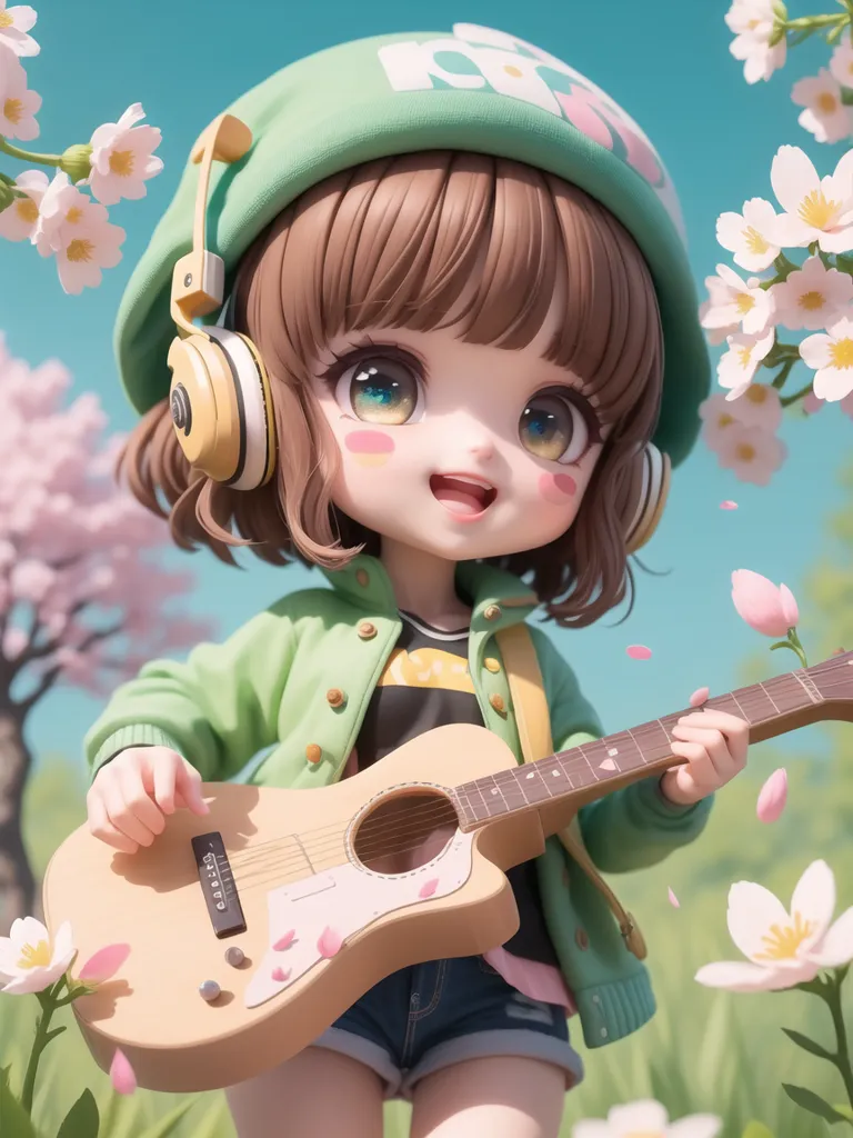 The image shows an anime girl with brown hair and green eyes. She is wearing a green hat, headphones, and a green jacket. She is playing the guitar and there are cherry blossoms falling around her.