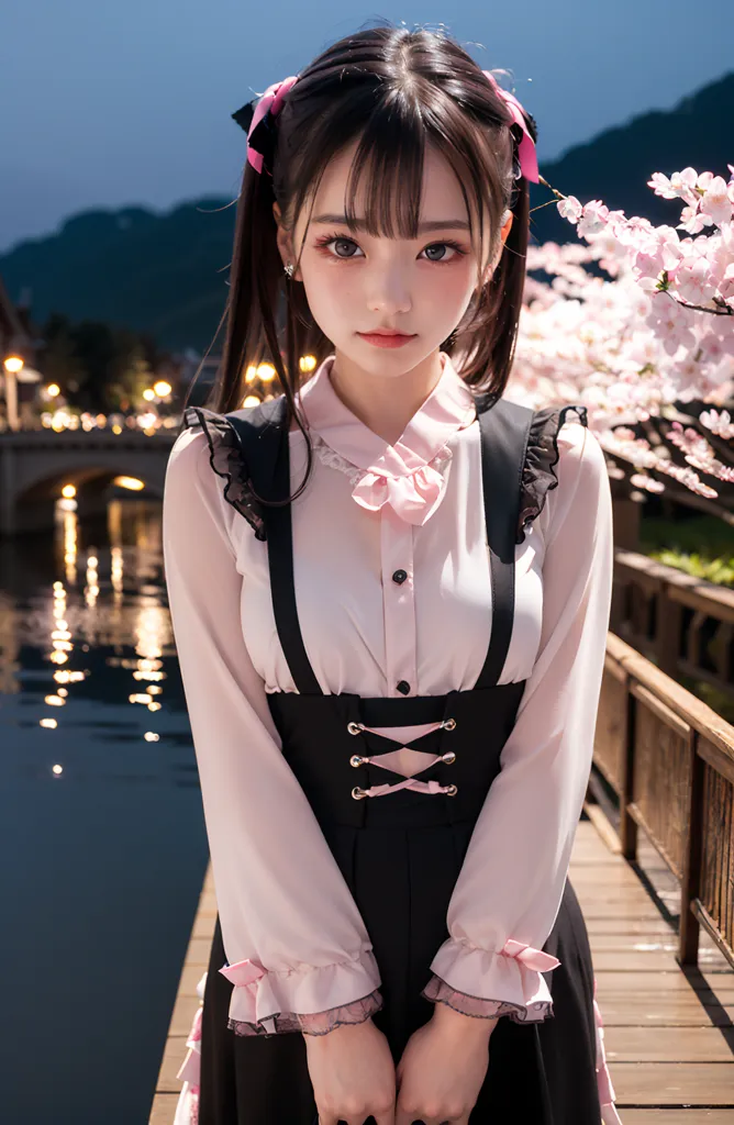 The image is a portrait of a young woman with long black hair and pink eyes. She is wearing a white blouse, a black pinafore dress, and a pink bow in her hair. She is standing on a wooden bridge, with a river in the background. The water in the river is reflecting the light from the sky. There are some cherry blossoms on the tree. The image is in a realistic style, and the woman's expression is soft and gentle.