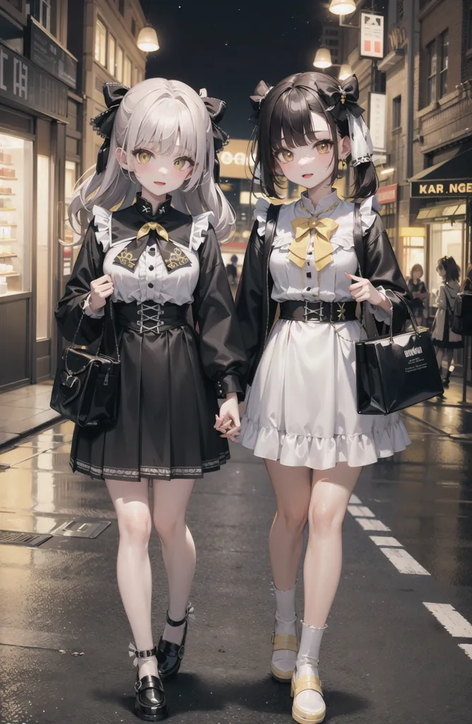 The image shows two anime girls walking down a city street at night. They are both wearing black and white dresses with bows in their hair. The girl on the left has white hair and black eyes, and she is carrying a black purse. The girl on the right has brown hair and brown eyes, and she is carrying a white purse. They are both smiling and seem to be enjoying their conversation. The street is lit by streetlights, and there are buildings and shops on either side. The sky is dark and cloudy.