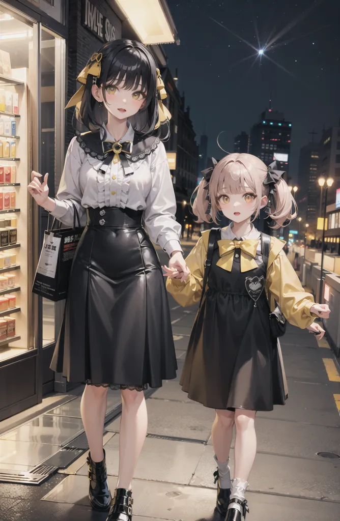 The image is of two anime girls walking down a city street at night. The girl on the left is taller, with long black hair and yellow bows in her hair. She is wearing a white blouse, black skirt, and black boots. She is carrying a shopping bag in her right hand and is holding hands with the girl on the right with her left hand. The girl on the right is shorter, with short pink hair and yellow bows in her hair. She is wearing a white blouse, black jumper dress, and black boots. She is carrying a small yellow purse in her left hand and is holding hands with the girl on the left with her right hand. There are buildings and a night sky in the background.