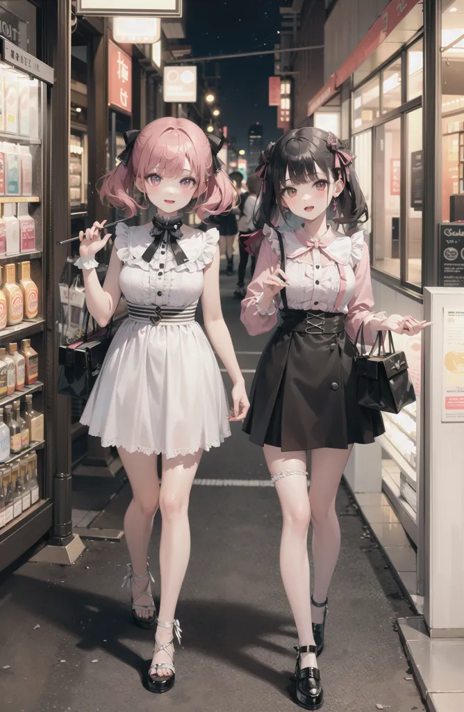 The image depicts two young women, both dressed in Gothic Lolita fashion, walking down a city street at night. The woman on the left has pink twintails, while the woman on the right has black hair. They are both wearing white blouses and black skirts. The woman on the left is carrying a black handbag, while the woman on the right is carrying a white handbag. They are both wearing black shoes. The background of the image is a blurred city street with a few lights in the distance.