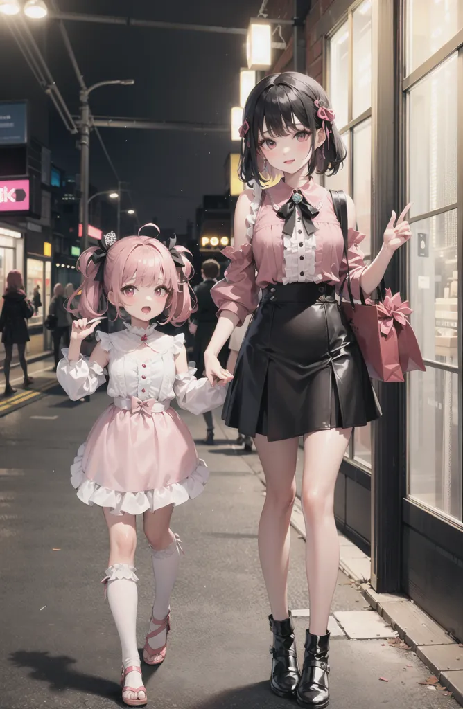 The image shows an anime-style girl with pink hair and blue eyes wearing a pink dress holding hands with a slightly older girl with black hair and pink eyes wearing a white blouse and black skirt. They are walking down a city street at night, with the lights of the city reflected in their eyes. The older girl is carrying a pink shopping bag in her right hand and has her left hand holding the younger girl's right hand. The younger girl is smiling and has her left hand raised in the air.