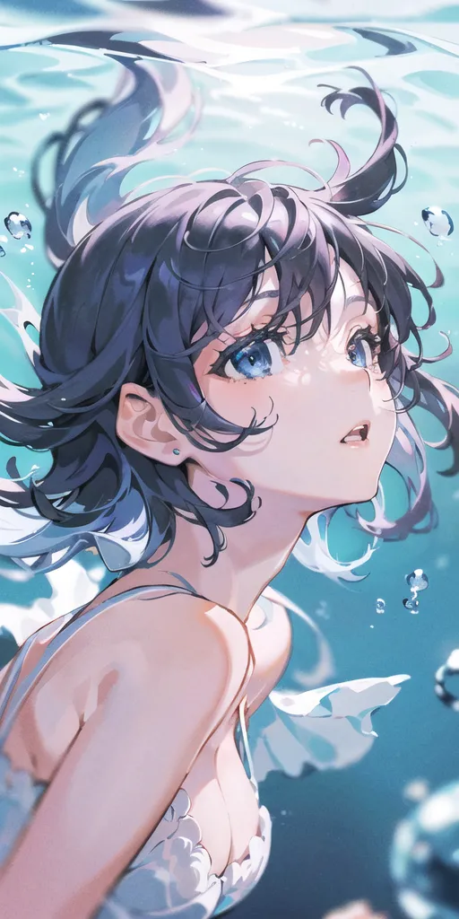 This is an image of a girl with short blue hair and blue eyes. She is underwater, and her hair is floating around her head. She is wearing a white swimsuit. The water is clear, and you can see the sun shining through it. The girl's expression is one of wonder and awe, and she seems to be enjoying her time underwater.