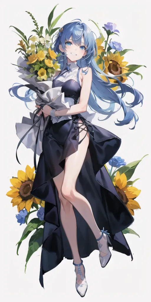 The image is of a beautiful anime girl with long blue hair and blue eyes. She is wearing a black dress with a thigh-high slit and a white ribbon at the waist. She is holding a bouquet of yellow and white flowers. There are also sunflowers and other blue flowers in the background. The background is white with a gradient to light blue at the bottom.