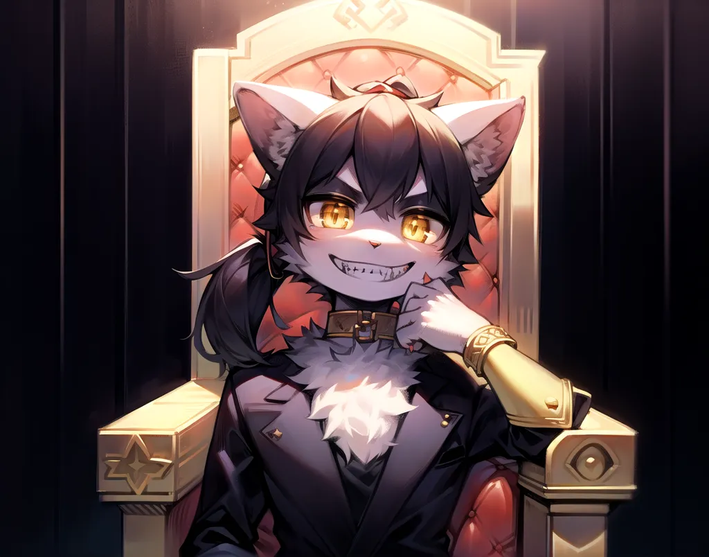 This is an image of a catboy sitting on a throne. He has black hair and yellow eyes, and he is wearing a black suit with a white collar. He has a confident smile on his face, and he is holding his hand to his chin. The background is dark, with a spotlight shining down on the catboy.