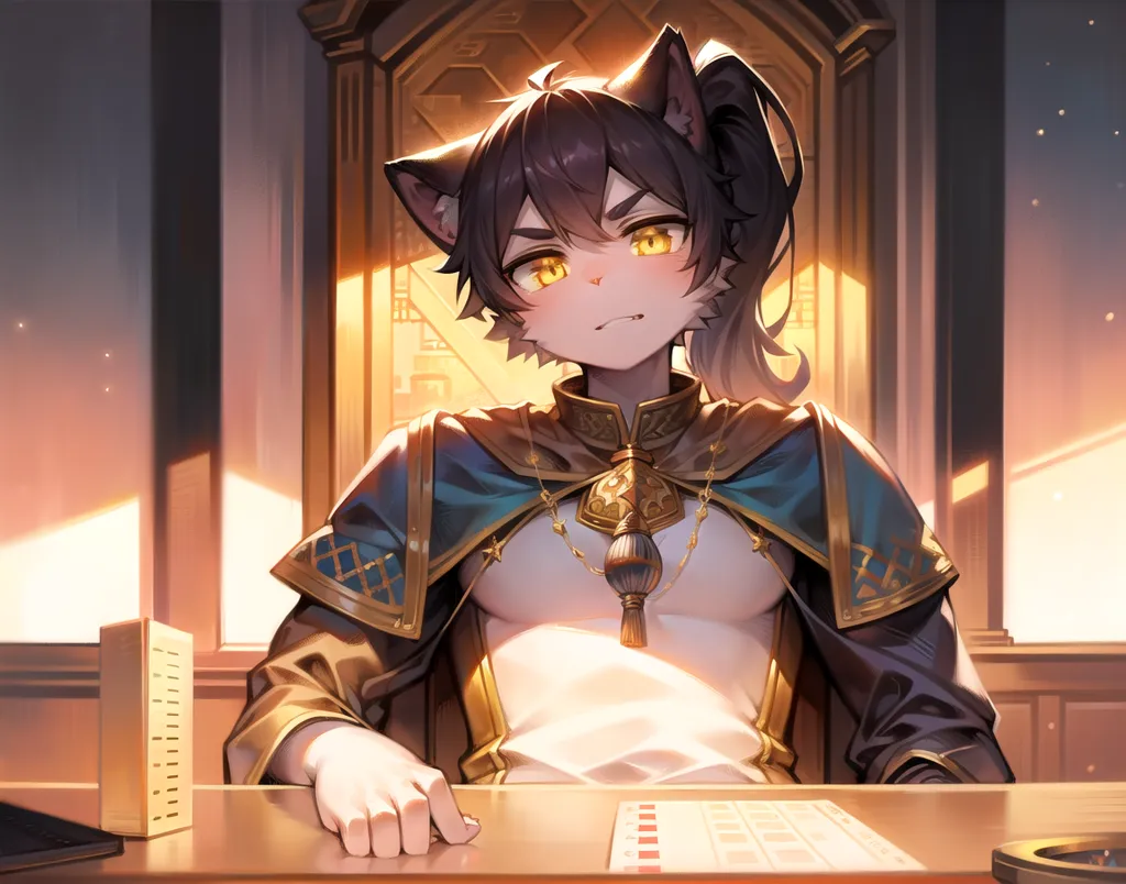 The image is of a young man with cat ears and a tail. He is sitting in a large chair in what appears to be a study or office. He is wearing a blue and gold robe, and has an annoyed expression on his face. He is looking at a document on his desk.