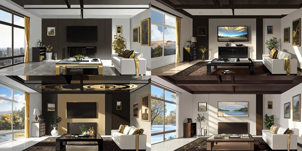 The image shows a living room with a modern and luxurious design. The room is divided into two parts. The first part has a large window with a view of the city. There is a sofa, two armchairs, and a coffee table in this part of the room. The second part of the room has a TV, a fireplace, and a sofa. The room is decorated with paintings, sculptures, and plants.