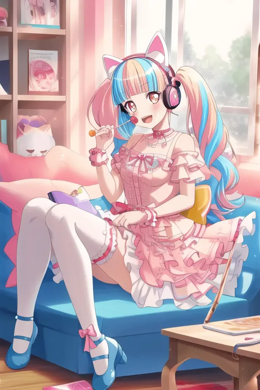 The image is of an anime girl with cat ears and a pastel pink and blue color scheme. She is sitting on a couch, with a lollipop in her mouth and a book in her lap. She is wearing a pink dress with a white collar and blue headphones. There is a pink cat plushie on the couch behind her. The background is a pink wall with a white shelf and a window.