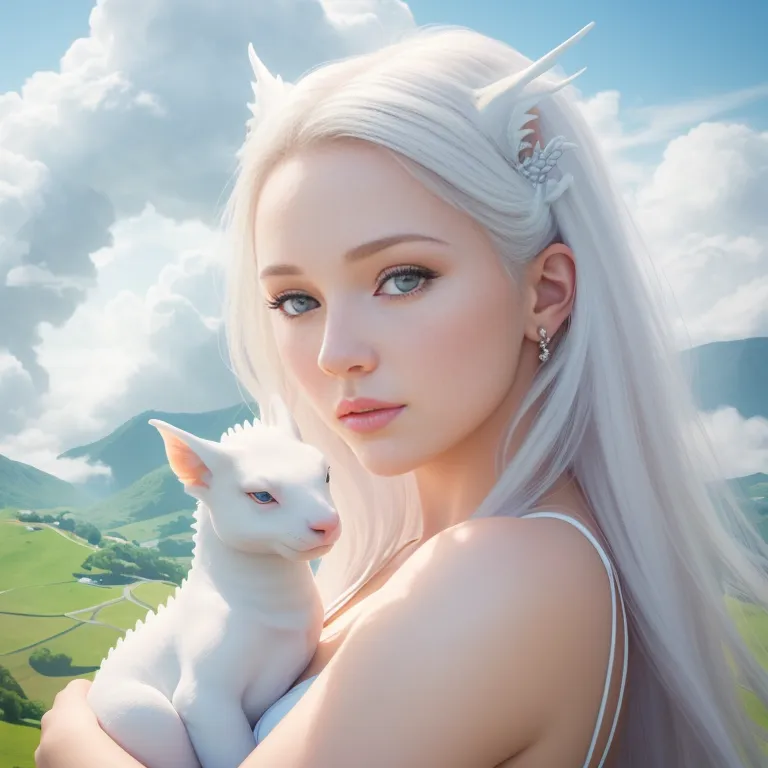 The image is of a beautiful, young, white-haired woman. She is wearing a white dress and has a white dragon curled up in her arms. The dragon has its head resting on her shoulder. The woman has a serene expression on her face and is looking at the camera. The background is a green landscape with mountains in the distance.