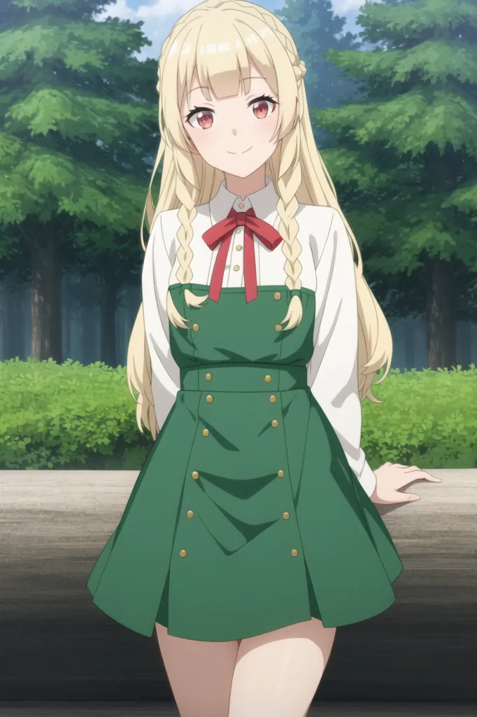 The image shows a young woman with long blonde hair and red eyes. She is wearing a green dress with a white collar and a red bow. She is standing in a forest and leaning against a tree. The background is blurred, but it looks like there are trees in the distance. The woman has a happy expression on her face.