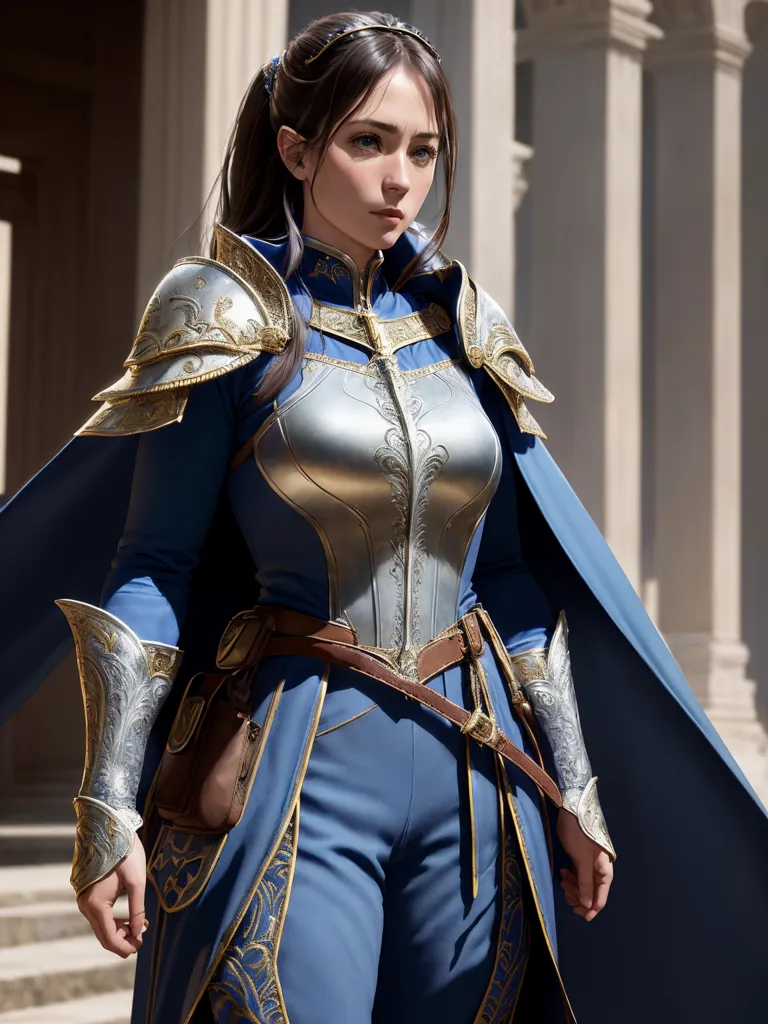 This is an image of a woman in medieval-style fantasy armor. She is wearing a blue surcoat with gold trim over a silver breastplate. She has a brown belt with a pouch on her right hip and is wearing matching blue pants. Her long brown hair is pulled back in a ponytail and she has a circlet on her head. She is standing in a courtyard, with a building with columns behind her.