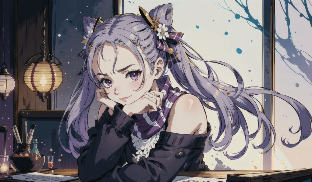 The image is a painting of a young woman with purple hair and eyes. She is wearing a black and purple outfit and has a scarf around her neck. She is sitting at a desk, writing something. There is a lantern on the desk. The background is a window with a view of a snowy landscape.