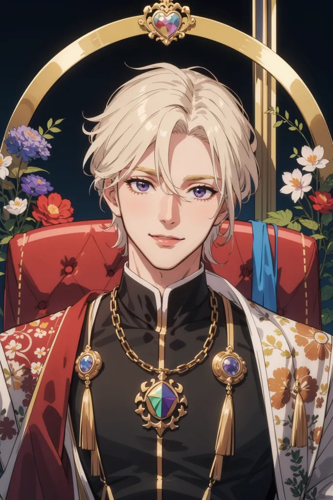 The image is of a young man with long, wavy white hair and purple eyes. He is wearing a red and gold robe with a white cravat. He is sitting on a throne with his left hand resting on his lap and his right hand holding a scepter. The background is a dark blue with a gold border. There are flowers on either side of the throne. The man has a gentle smile on his face. He is wearing a crown on his head.