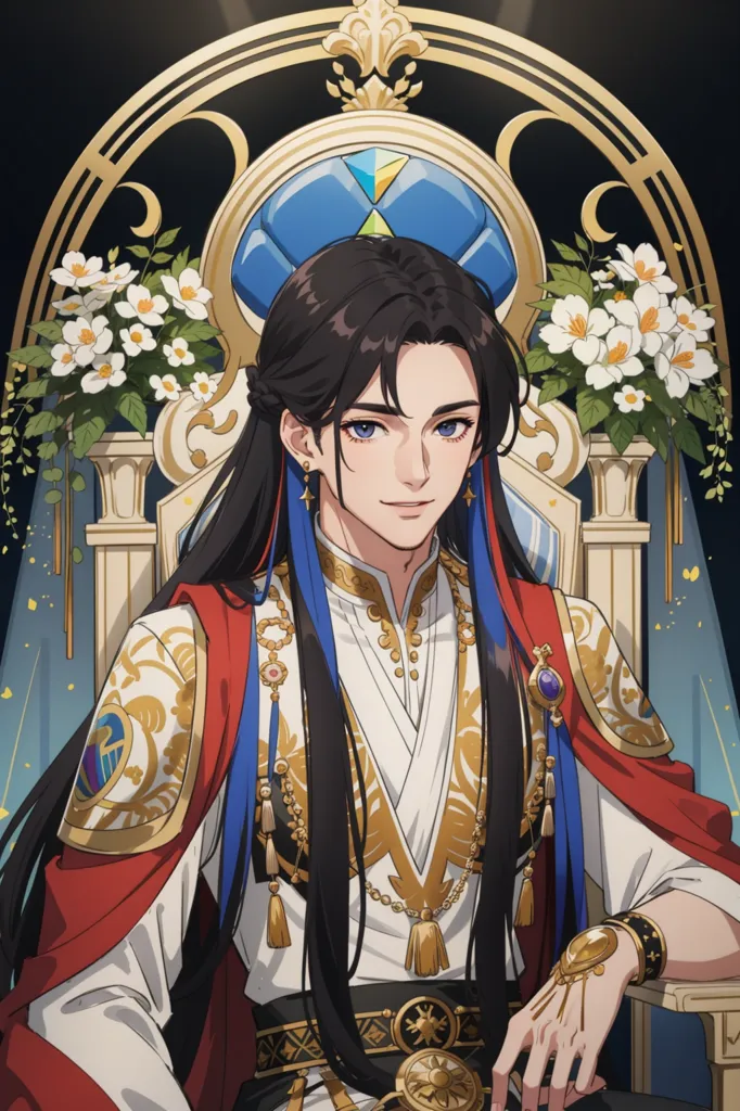 This is an image of a young man with long black hair and blue eyes. He is wearing a red and gold robe with a white sash and a large blue jewel on his chest. He is also wearing a gold crown and has a gold chain around his neck. He is sitting on a throne with white flowers on either side of him. There is a large window behind him with a blue curtain. The man is smiling and has a confident expression on his face.