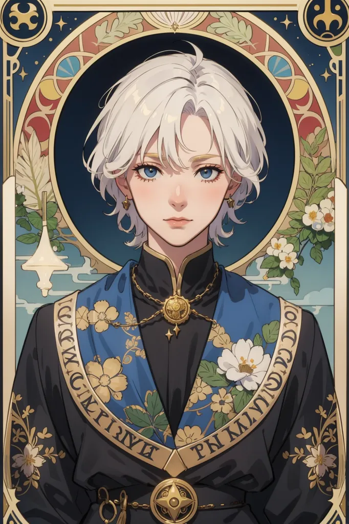 The image is a portrait of a young man with short white hair and blue eyes. He is wearing a black and blue outfit with gold trim and a white cravat. He has a gold necklace with a blue gem in the center. He is standing in front of a blue background with a gold frame around him. There are flowers and leaves on either side of him.