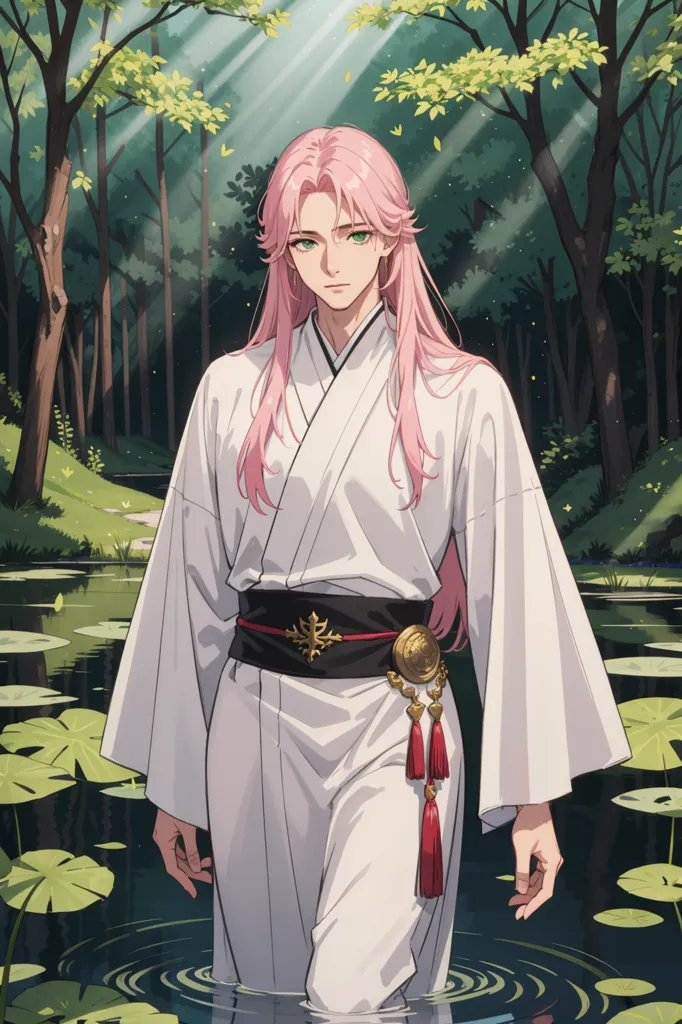 The image is of a young man with pink hair and green eyes. He is wearing a white kimono with a black and gold obi. He is standing in a forest, with green trees and a pond with lily pads behind him. The sun is shining through the trees.