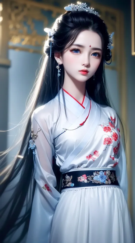 The image shows a young woman in a white and red Chinese dress with a blue sash and white and red hair ornaments. She has long black hair and blue eyes, and is wearing a red necklace and earrings. She is standing in front of a blue background with a white wall behind her.