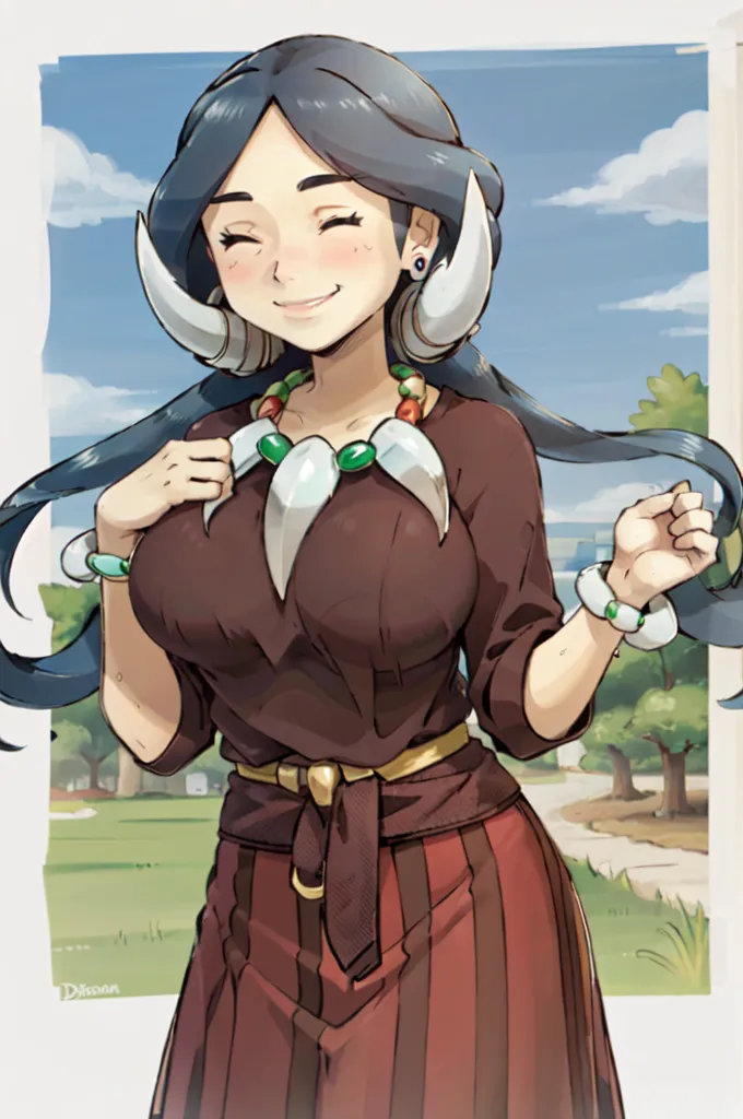 The image shows a young woman with long blue hair and brown eyes. She is wearing a brown shirt with a white collar and a long brown skirt. She is also wearing a necklace made of white and green beads and a belt with a gold buckle. She has a friendly smile on her face and is standing in a grassy field with trees and a blue sky in the background.