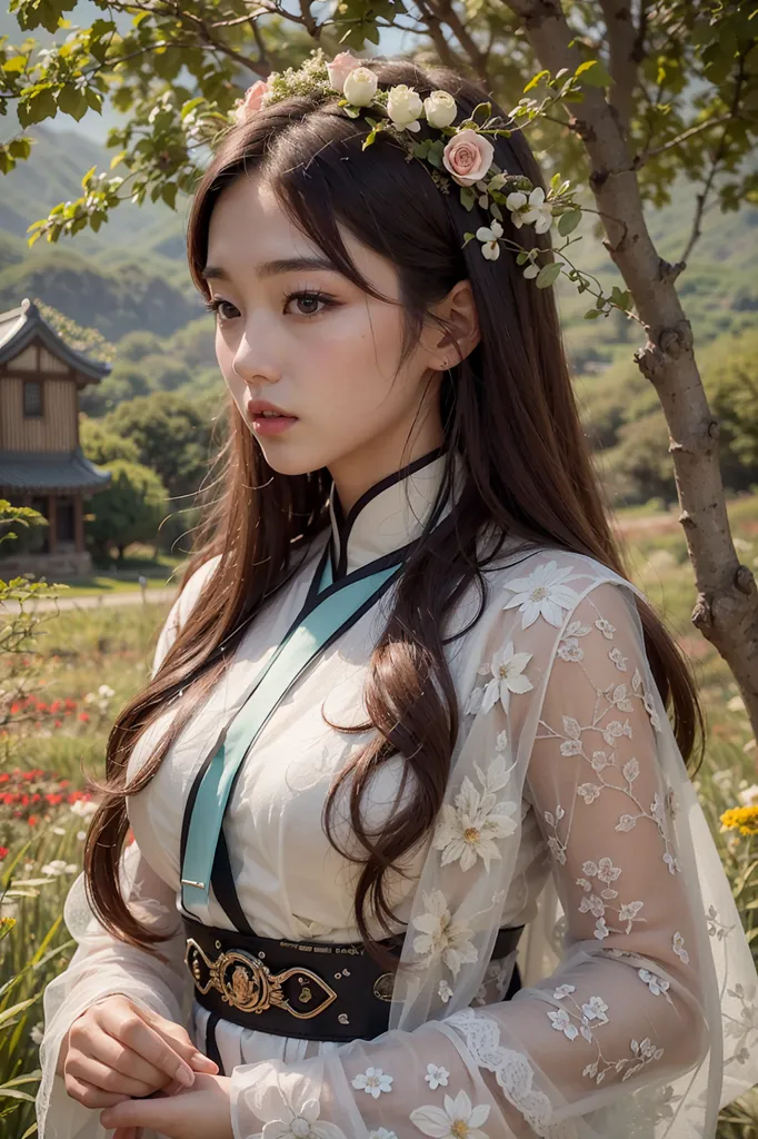 The picture shows a young woman wearing a traditional Korean hanbok. The hanbok is white with floral embroidery and a blue ribbon at the collar. The woman has long, dark hair and is wearing a wreath of white and pink flowers. She is standing in a field of flowers with a mountain in the background.