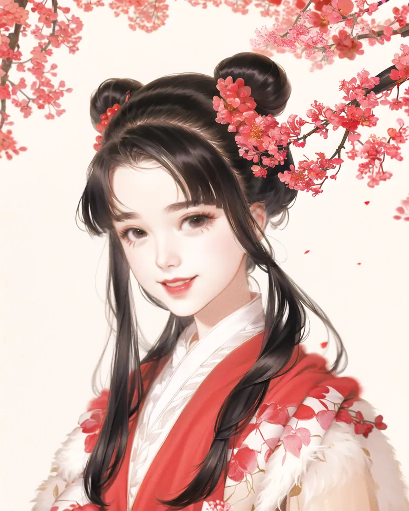 The image shows a young woman with long black hair and brown eyes. She is wearing a red and white kimono with a white fur collar. Her hair is tied up in two buns adorned with red and pink flowers. She is standing in front of a white background with a branch of pink cherry blossoms. The woman has a gentle smile on her face.