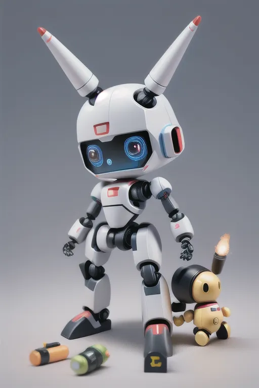 The image shows a small white robot with rabbit-like ears. It has a round head with a blue visor and a red circle on its forehead. Its body is white with black and red accents. It has two small arms and two small legs. It is standing on a gray surface and there is a yellow robot toy next to it. There are also three small objects on the ground next to the robot. The background is a light gray.