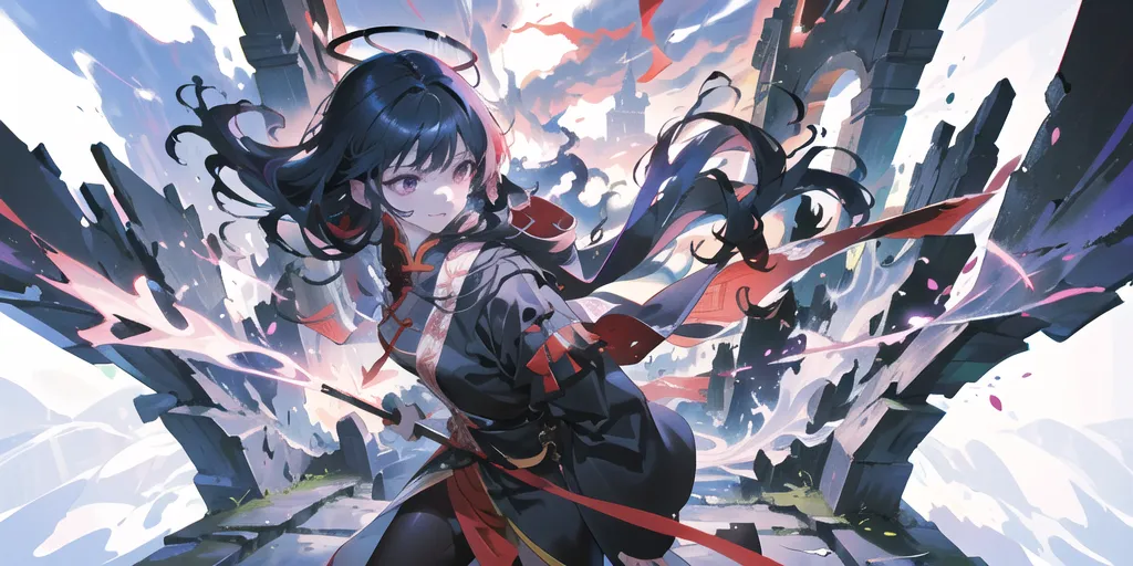 The image is of an anime-style girl with long black hair and purple eyes. She is wearing a black and red kimono-style outfit and is standing in a ruined city. There are large stone pillars around her and the sky is a stormy gray. The girl is holding a sword and looks like she is ready to fight.