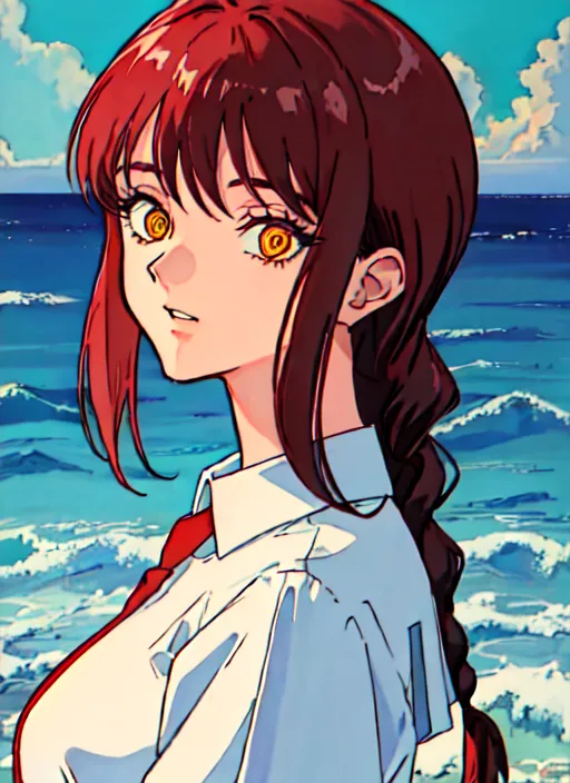 This is an image of a young woman with long red hair and yellow eyes. She is standing in front of a blue ocean. She is wearing a white shirt with a red ribbon. The ocean is in the background. The sky is light blue with some white clouds.