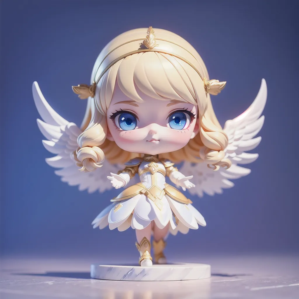 The image shows a cute anime-style figurine of a girl with angel wings. She has long blonde hair, blue eyes, and is wearing a white and gold dress with a flower pattern. She is standing on a marble pedestal and has her arms outstretched. The background is a light blue color.