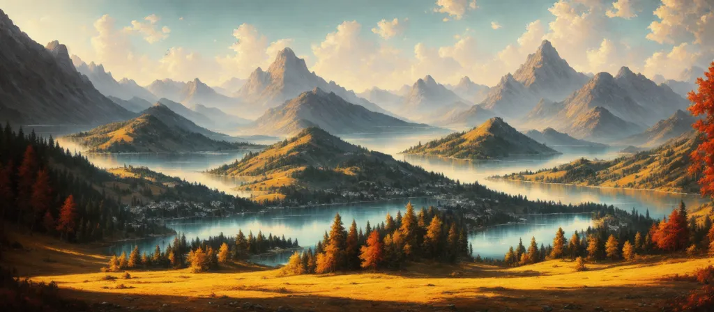 The image is a beautiful landscape painting. It shows a wide valley with a lake in the middle. The lake is surrounded by green hills and mountains. The sky is blue and there are some clouds in the sky. The trees in the foreground are turning brown and orange. There is a village on the right side of the lake. The painting is done in a realistic style and the colors are very vibrant.