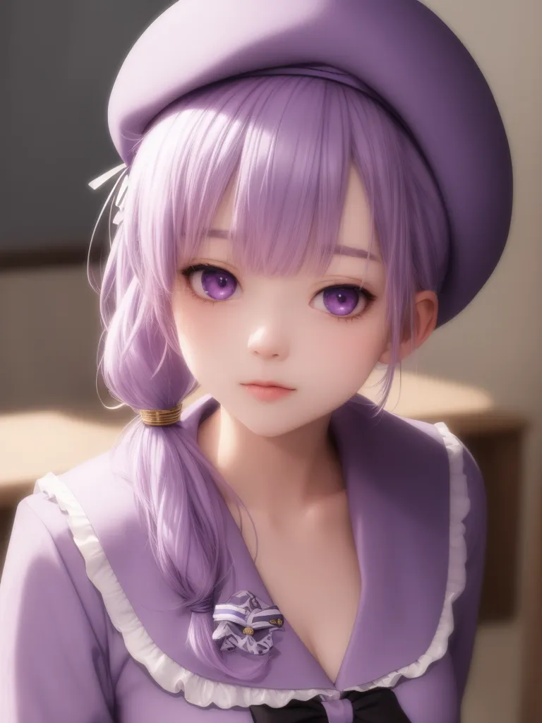 The image shows a young girl with purple hair and purple eyes. She is wearing a purple beret and a purple dress with a white collar. The girl has a gentle expression on her face. The background is a blurred light purple.