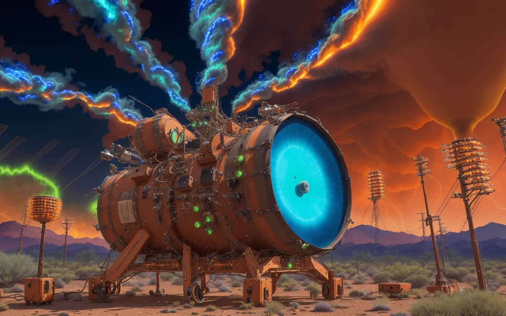 The image shows a large, complex machine in the middle of a desert landscape. The machine appears to be some kind of energy generator, as it is surrounded by electrical towers and is emitting a large amount of smoke and energy from the large blue sphere in the front. The sky is dark and cloudy, and the ground is covered in sand and rocks. There are mountains in the background.