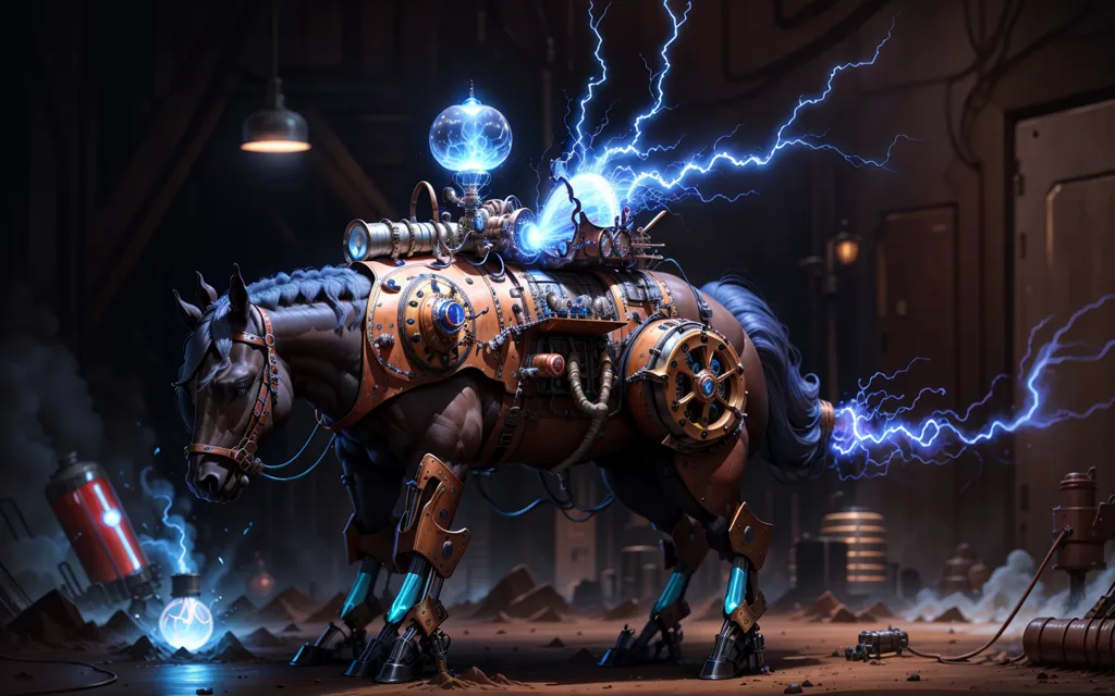 The image is a steampunk-style illustration of a horse. The horse is brown and has a metal saddle with a large glass dome on its back. The dome is filled with blue lightning. The horse also has metal legs and a metal tail. There are several large metal gears attached to its body. The horse is standing in a dark room with a stone floor. There are several large metal machines in the background.