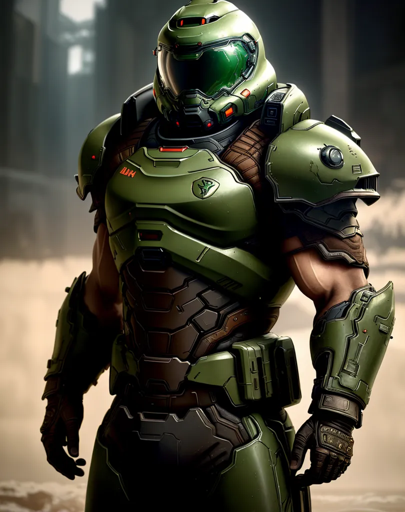 The image is of the Doom Slayer, a character from the Doom video game series. He is wearing his signature green and brown armor and helmet, and is holding a shotgun. He is standing in a dark and ruined city, and is surrounded by the bodies of demons. The image is very detailed, and the Doom Slayer's armor and weapons are rendered in great detail. The image is also very atmospheric, and the dark and ruined city creates a sense of foreboding.