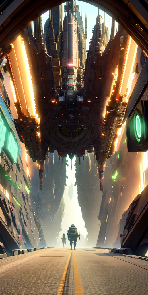 The image shows a scene from a science fiction movie. There is a giant spaceship in the middle of a city. The spaceship is very tall and wide, and it is hovering above the city. The city is made up of tall buildings, and there are people walking around on the streets. The spaceship is emitting a bright light, and there are also lights coming from the buildings. The image is very detailed, and it looks like it was taken from a movie.