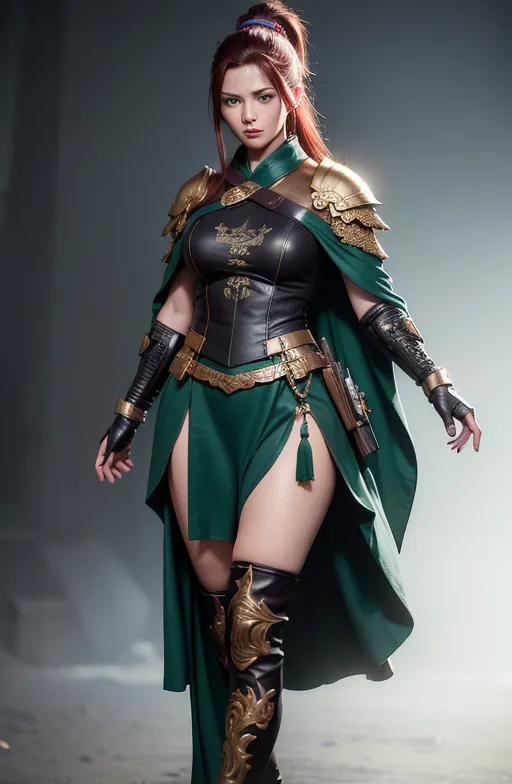 The image shows a tall, beautiful, muscular woman with long red hair and brown eyes. She is wearing a green and brown leather outfit with gold accents. The outfit consists of a breastplate, a skirt with a slit, and a cape. She is also wearing brown leather boots and gloves. She has a sword on her hip and a dagger on her belt. She is standing in a confident pose, with her feet shoulder-width apart and her hands on her hips. She has a stern expression on her face.