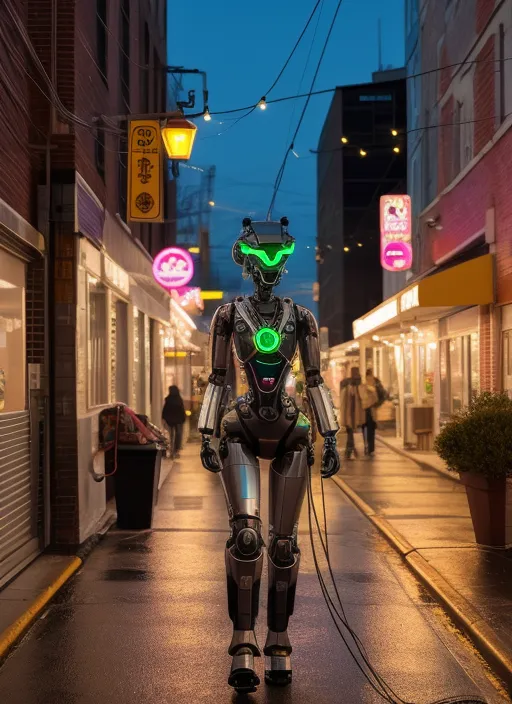 The image is set in a narrow alleyway in a city. It is nighttime, and the street is lit by a few lanterns and the lights from the buildings. The alleyway is lined with old, rundown buildings, and there is a garbage can on the side of the road. There is a robot walking down the alleyway. The robot is tall and slender, with a metallic body. It has a green light on its chest and green eyes. The robot is wearing a long black coat. There are people walking in the background.