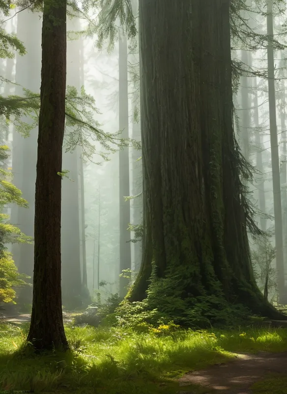 La imagen es una foto vertical y alta de un bosque de secuoyas. Los árboles son muy altos y rectos, con mucho follaje verde. El suelo está cubierto por una gruesa capa de musgo y helechos. Hay un pequeño sendero en el primer plano de la foto, que se adentra en el bosque. La luz proviene del lado derecho de la foto y crea un hermoso patrón de luz y sombra en el suelo del bosque. La foto es muy pacífica y serena, y captura la belleza del bosque de secuoyas.