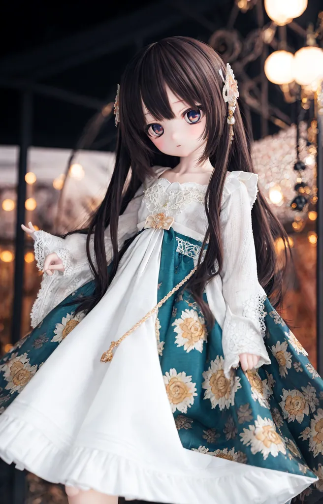 The image shows a doll with long brown hair, brown eyes, and a white and blue dress with yellow flower patterns. The doll is standing in a dark room with a blurry background of lights. The doll's hands are posed in front of her, and she is looking at the camera with a slightly open-mouthed smile. She is wearing a necklace with a large pendant in the center. Her hair is styled with two buns on the top of her head and the rest flowing down her back.