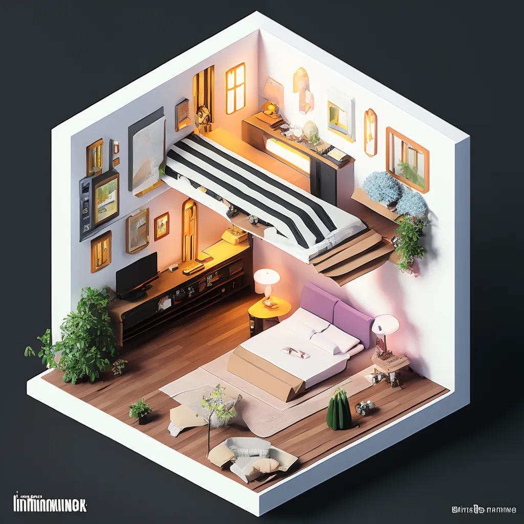 Gambar ini adalah rendering 3D dari kamar tidur yang nyaman. Ruangan ini didekorasi dalam gaya modern dengan dinding putih dan lantai kayu muda. Ada tempat tidur, meja samping tempat tidur, lemari, dan TV. Tempat tidur dibuat dengan selimut putih dan seprai bergaris. Meja samping tempat tidur memiliki lampu dan buku di atasnya. Lemari memiliki cermin dan beberapa tanaman di atasnya. TV dipasang di dinding. Ada area duduk kecil dengan sofa dan meja kopi di depan TV. Meja kopi memiliki buku dan secangkir kopi di atasnya. Ada jendela di samping area duduk yang membiarkan masuknya cahaya alami. Ruangan ini didekorasi dengan beberapa karya seni dan beberapa tanaman.