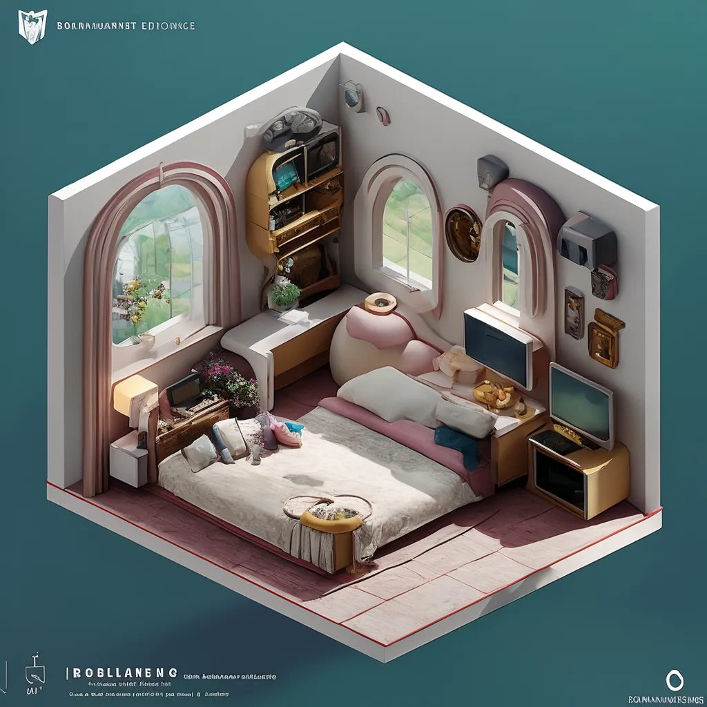 The image is a 3D rendering of a cozy bedroom. The room has a pink and white color scheme. There is a bed, a dresser, a TV, and a few other pieces of furniture in the room. The bed is made with a white comforter and a pink pillow. The dresser has a few books and a lamp on it. The TV is playing a show about nature. There is a small table between the bed and the dresser with a vase of flowers on it. The room is decorated with a few paintings and some plants. The overall mood of the image is peaceful and relaxing.