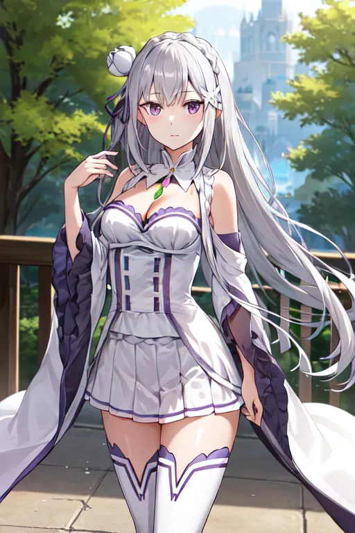 The image is of a young woman with long silver hair and purple eyes. She is wearing a white and purple dress with a thigh-high slit. She is standing in a garden, surrounded by trees and flowers. There is a large building in the background. The woman is looking at the viewer with a gentle smile on her face.