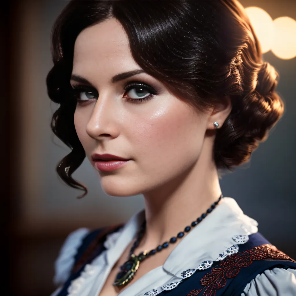 The picture shows a young woman with dark hair and green eyes. She is wearing a white blouse with a blue and red pattern and a blue necklace with a silver pendant. Her hair is styled in an updo with a few loose curls framing her face. She has a soft smile on her face and is looking at the camera with her head tilted slightly to the side. The background is soft and out of focus, with two warm lights visible behind her head.