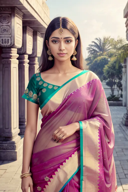 The image shows a young woman wearing a purple silk saree with green and gold embroidery. The saree is draped in a traditional style, with the pallu (the end of the saree) hanging over her left shoulder. She is also wearing a matching green and gold blouse. The woman is standing in a temple, and there are columns and palm trees in the background. She is looking at the camera with a serene expression.