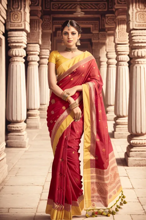 The image shows a woman wearing a red and gold sari. The sari is made of silk and has a zari border. The woman is wearing a yellow blouse with the sari. She is also wearing a necklace, earrings, and bangles. The woman is standing in a temple. There are pillars in the background. The floor is made of marble.