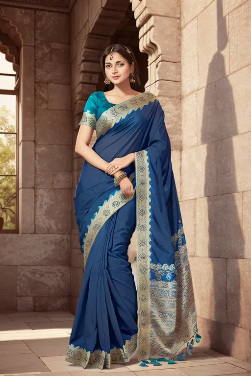 The image shows a woman wearing a blue silk saree with golden zari work. The saree has a blue blouse with short sleeves. The pallu of the saree is blue with golden zari work and has a scalloped edge. The border of the saree is also blue with golden zari work. The woman is wearing a necklace, earrings, and a bracelet. She has her hair tied in a bun and is wearing makeup. She is standing in a room with a brown background.