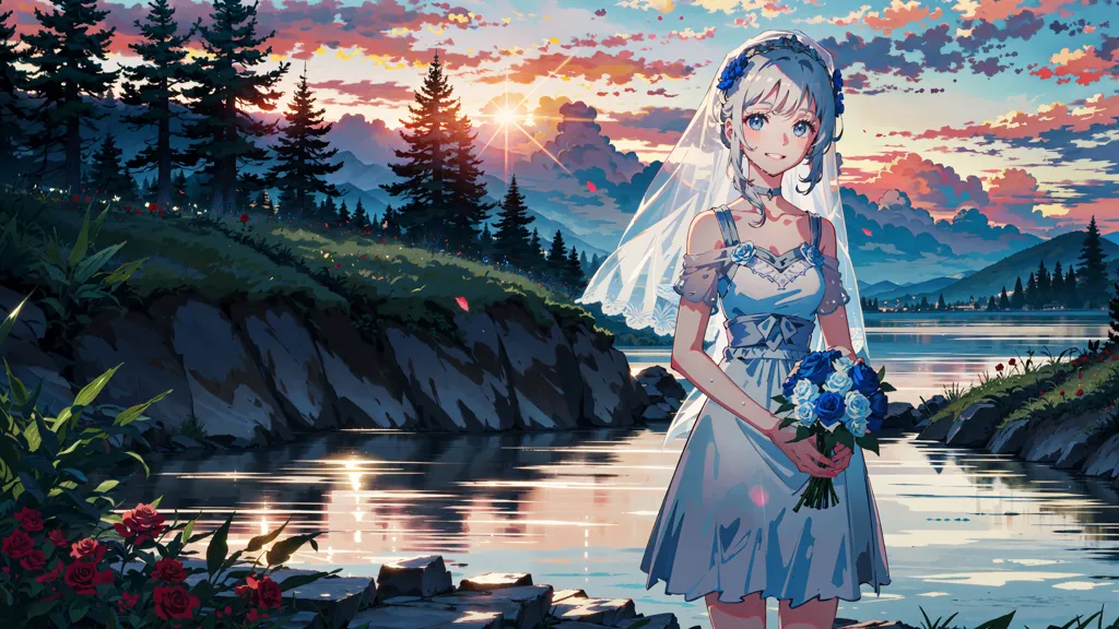 The image is a beautiful landscape of a lake and mountains in the background. The sky is a gradient of orange and pink, and the sun is setting over the mountains. There is a girl with white hair and blue eyes standing in the foreground. She is wearing a white dress and a veil, and she is holding a bouquet of blue roses. There are some red flowers in the foreground, and some trees and grass on the shore of the lake.