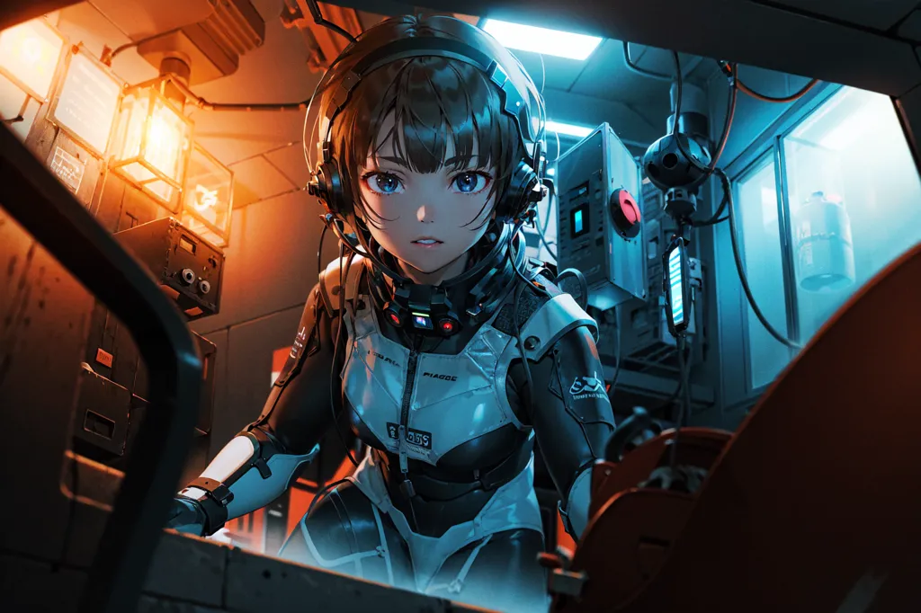 L'image montre une jeune fille aux cheveux bruns et aux yeux bleus. Elle porte une armure de combat futuriste et est assise dans un cockpit. Le cockpit est rempli de boutons et d'interrupteurs divers. La fille regarde le spectateur avec une expression sérieuse sur le visage.