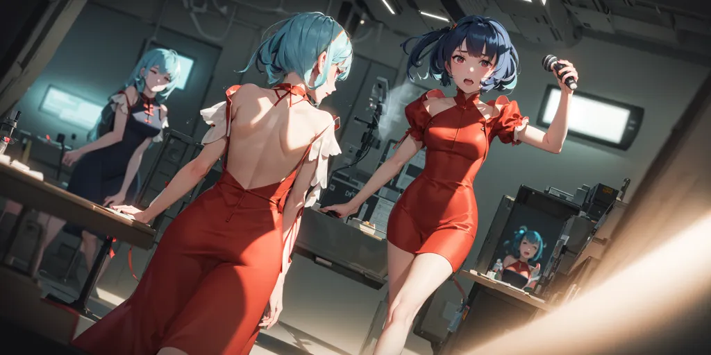 The image shows three anime girls in a room. The girl on the left is wearing a black cheongsam with a white apron. She has blue hair and blue eyes. She is standing at a table, looking at the girl in the middle. The girl in the middle is wearing a red cheongsam. She has blue hair and brown eyes. She is holding a microphone and is singing. The girl on the right is wearing a red cheongsam. She has blue hair and brown eyes. She is sitting on a sofa, looking at the girl in the middle.