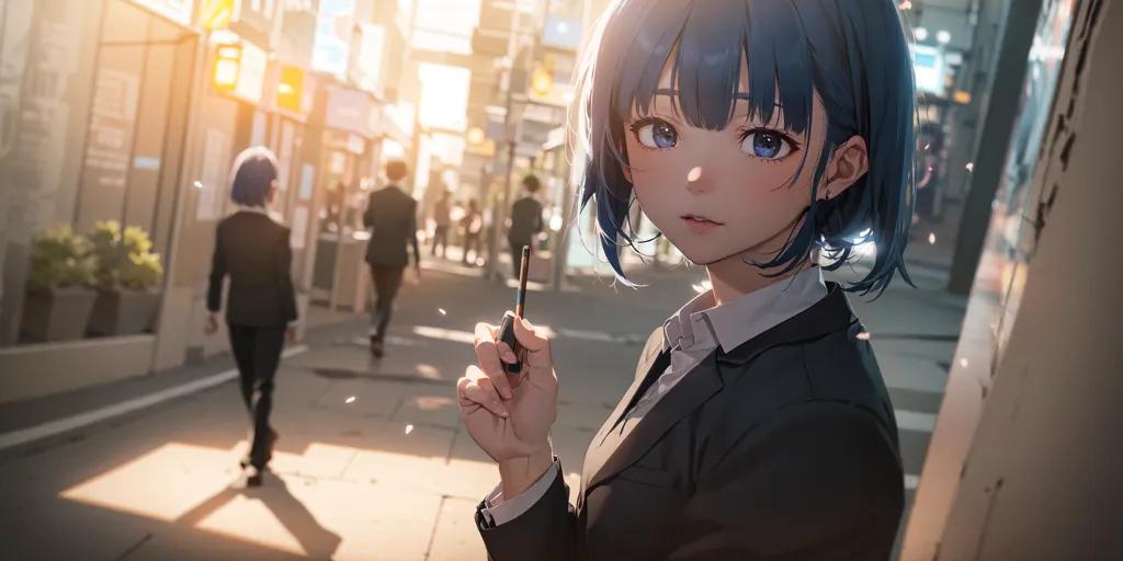 A young woman with short blue hair is standing in a city street. She is wearing a white shirt and a black suit jacket. She is holding a pen and looking at the camera with a serious expression. The background is blurred, with people walking by. The sun is shining brightly, casting shadows over the scene.