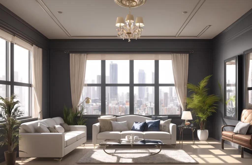 The image is of a modern living room with a large window looking out onto a city skyline. The room is decorated in a contemporary style with dark walls and light furniture. There is a large white sofa, a coffee table, and two armchairs in the room. The floor is covered in a light-colored carpet, and there are plants in the corners of the room. The room is lit by a large chandelier.